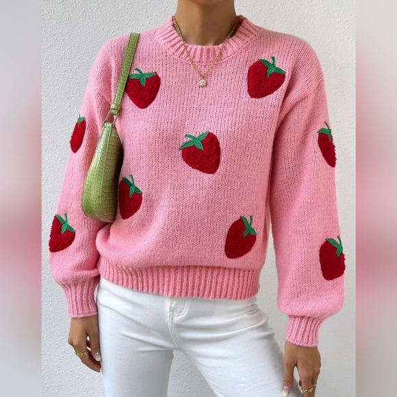 New Girly Chic Strawberry Embroidered Knit Sweater Top Pink Red - Picture 5 of 8